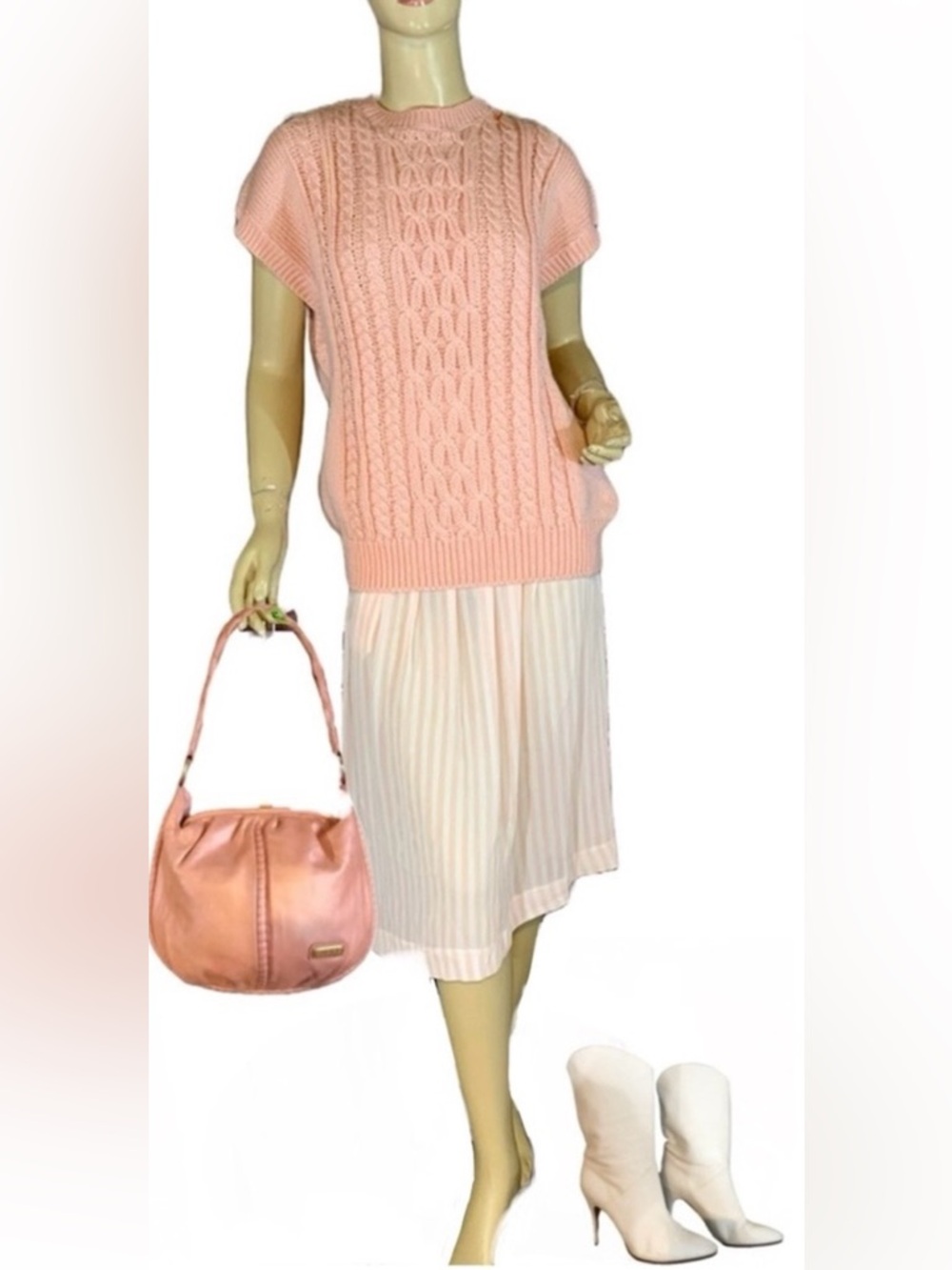 VINTAGE 1980'S ALFRED DUNNER PEACH CABLE KNIT SWEATER VEST (L)
